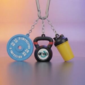 Pack de 3 llaveros fitness personalizados: disco, kettlebell y shaker